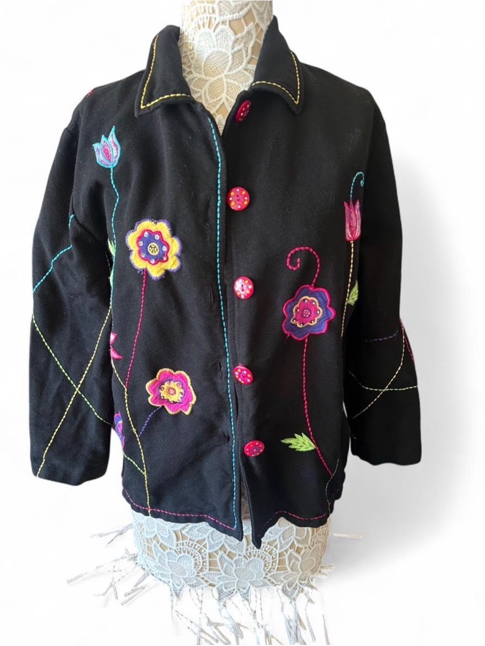 Black Embroidered Floral Jacket - Women's Coat